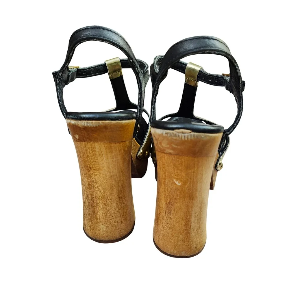Just Cavalli Gold Black Leather Studded Wooden Platform Sandals Heels Italy 37